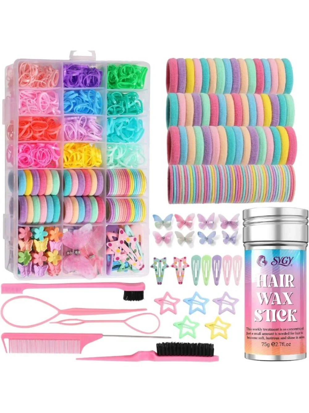 Colorful Hair Accessories Set for Girls - 1350 Hair Ties & 44 Hair Clips